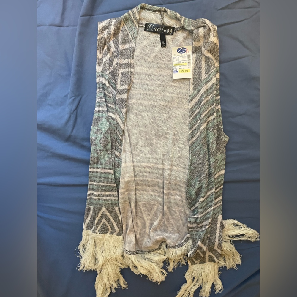 Flawless sleeveless cardigan, medium, teal and gray